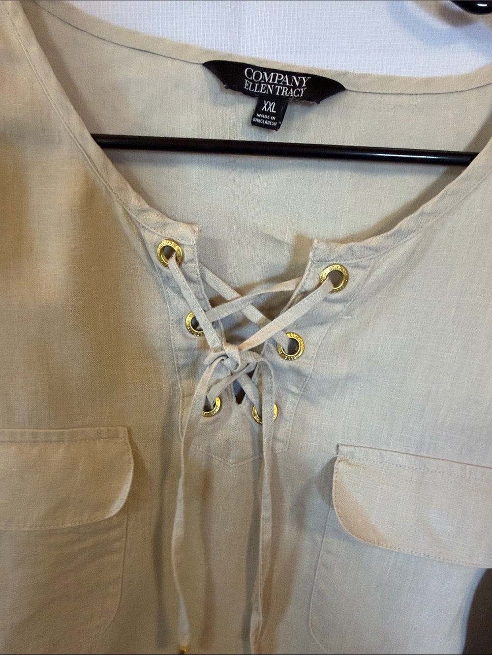 Ellen Tracy Beige Linen Lace-Up Pocket Tunic Top
